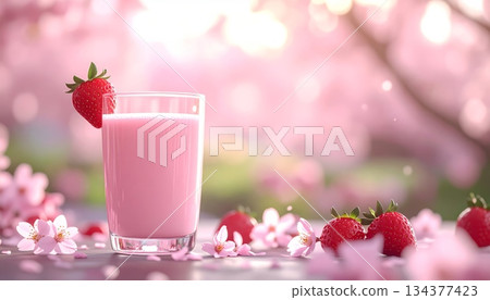 Strawberry Milk in Soft Pink Tone with Sakura Garden Background 134377423