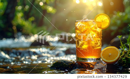 Lemon Honey Drink with Ice in Clear Glass by Forest Stream 134377429