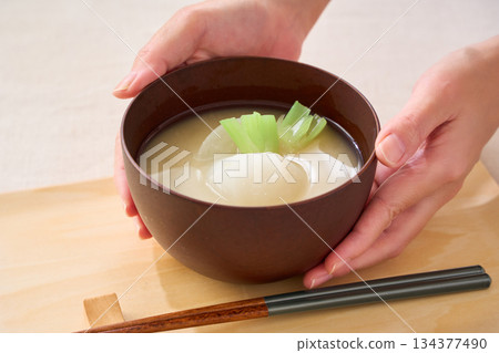 White miso soup with turnip White miso soup with turnip 134377490