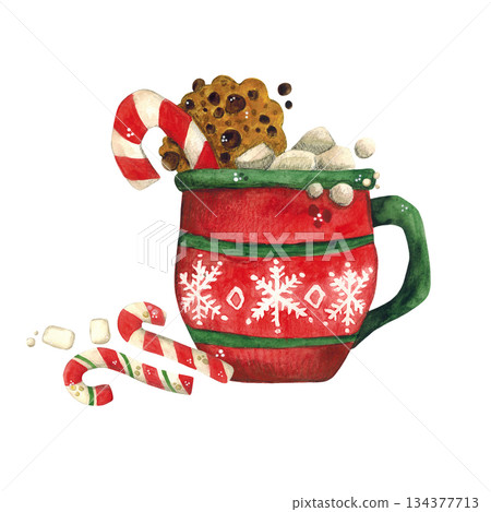 Red mug with cocoa and sweets hand-drawn watercolor illustration, cartoon. Design for printing on textiles, tape, ribbon, paper, invitations, and cards. Holiday, New Year, Christmas, drink, food, 2026 134377713