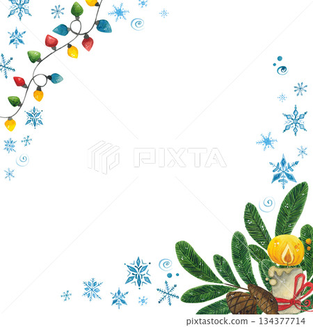 Hand drawn watercolor illustration. Festive, New Year's card, frame. Holiday, new year, christmas, winter, snowflake, pine cone, fir branch, pine needles, christmas tree, tree, garland, light, lantern Hand drawn watercolor illustration. Festive, New Year's card, frame. Holiday, new year, christmas, winter, snowflake, pine cone, fir branch, pine needles, christmas tree, tree, garland, light, lantern 134377714