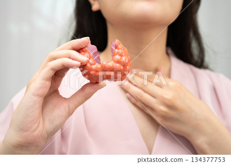 Hyperthyroidism, Overactive Thyroid, Thyroid Lymphoma, Asian woman with thyroid gland human anatomy model. 134377753