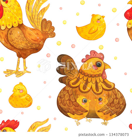 Seamless pattern with chickens, a hen, and a rooster, hand-drawn watercolor illustration, cartoon style. Design for printing on textiles, tape, ribbon, paper, invitations, and cards. Holiday, birds 134378073