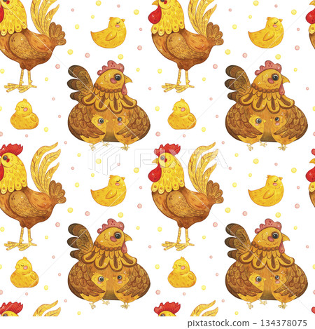 A large seamless pattern with chickens, a hen, and a rooster, a hand-drawn watercolor cartoon illustration. Suitable for printing on textiles, tape, ribbon, paper, invitations, and cards. Holiday A large seamless pattern with chickens, a hen, and a rooster, a hand-drawn watercolor cartoon illustration. Suitable for printing on textiles, tape, ribbon, paper, invitations, and cards. Holiday 134378075