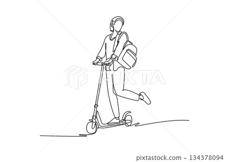 Continuous one line drawing woman with backpack, kicking off ride electric scooter. Environmentally friendly personal mobility for urban commuting. Single line draw design vector graphic illustration Continuous one line drawing woman with backpack, kicking off ride electric scooter. Environmentally friendly personal mobility for urban commuting. Single line draw design vector graphic illustration 134378094