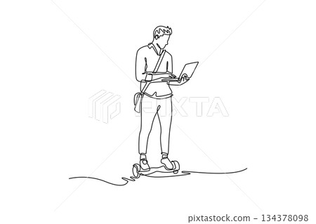 Continuous one line drawing man in business attire riding hoverboard while using laptop. Depicts multitasking technology for efficiency on the move. Single line draw design vector graphic illustration 134378098