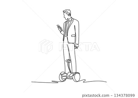 Continuous one line drawing young man in business suit riding hoverboard while checking his smartphone. Depicts efficient, tech-savvy professional. Single line draw design vector graphic illustration Continuous one line drawing young man in business suit riding hoverboard while checking his smartphone. Depicts efficient, tech-savvy professional. Single line draw design vector graphic illustration 134378099