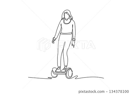 Continuous one line drawing woman standing on hands-free self-balancing hoverboard. Effortless, futuristic, eco-friendly micro-mobility for travel. Single line draw design vector graphic illustration Continuous one line drawing woman standing on hands-free self-balancing hoverboard. Effortless, futuristic, eco-friendly micro-mobility for travel. Single line draw design vector graphic illustration 134378100