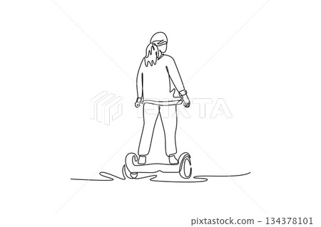 Single continuous line drawing woman viewed from behind, standing on two-wheeled self-balancing hoverboard. Eco-friendly micro-mobility urban travel. One line draw graphic design vector illustration Single continuous line drawing woman viewed from behind, standing on two-wheeled self-balancing hoverboard. Eco-friendly micro-mobility urban travel. One line draw graphic design vector illustration 134378101