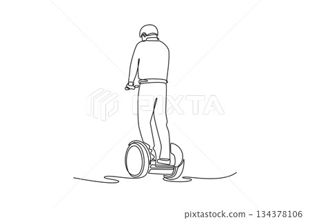 Single continuous line drawing man wearing helmet, viewed from behind, riding Segway-style personal transporter. Depicts efficient and unique movement. One line draw graphic design vector illustration Single continuous line drawing man wearing helmet, viewed from behind, riding Segway-style personal transporter. Depicts efficient and unique movement. One line draw graphic design vector illustration 134378106