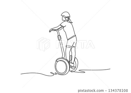 Single continuous line drawing woman in shorts and helmet, viewed from behind, riding Segway-style personal transporter. Focuses on safe and energetic. One line draw graphic design vector illustration 134378108
