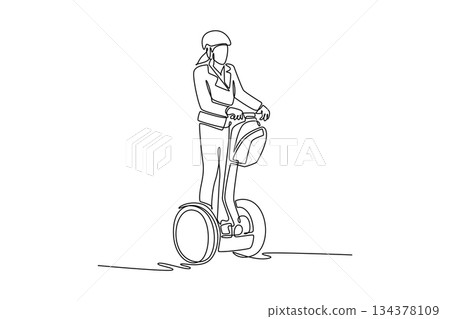 Single continuous line drawing woman wearing helmet and blazer standing on self personal transporter or Segway. Micro-mobility for short urban journey. One line draw graphic design vector illustration Single continuous line drawing woman wearing helmet and blazer standing on self personal transporter or Segway. Micro-mobility for short urban journey. One line draw graphic design vector illustration 134378109