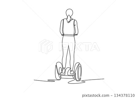 Single one line drawing back view of woman standing on two wheeled or segway. Modern micro mobility options and futuristic urban travel devices. Continuous line draw design graphic vector illustration Single one line drawing back view of woman standing on two wheeled or segway. Modern micro mobility options and futuristic urban travel devices. Continuous line draw design graphic vector illustration 134378110