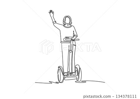Single continuous line drawing woman standing on Segway style personal transporter and raising one hand in wave. Fun, easy, futuristic micro mobility. One line draw graphic design vector illustration 134378111