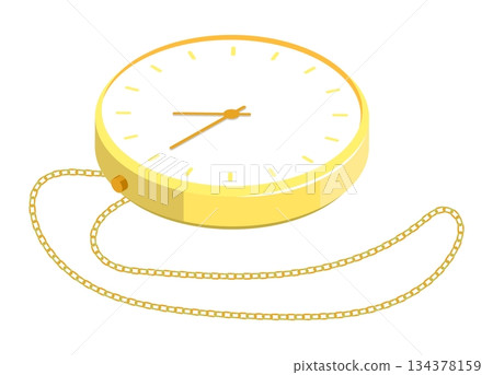 Isometric gold plated antique pocket watch on a chain. Isolated cartoon vector on white back top view Isometric gold plated antique pocket watch on a chain. Isolated cartoon vector on white back top view 134378159