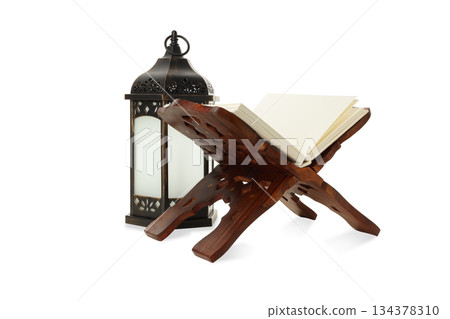 Wooden stand with book and lantern, isolated, PNG Wooden stand with book and lantern, isolated, PNG 134378310