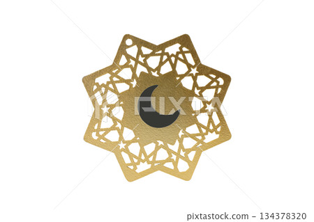Crescent moon gold star ornament for Ramadan, isolated, PNG Crescent moon gold star ornament for Ramadan, isolated, PNG 134378320