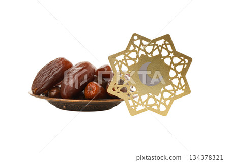 Bowl filled with fresh dates next to decorative star, isolated, PNG Bowl filled with fresh dates next to decorative star, isolated, PNG 134378321