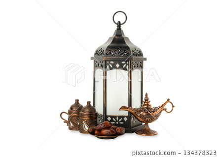 Ramadan items: lantern, dates and decor, isolated, PNG Ramadan items: lantern, dates and decor, isolated, PNG 134378323