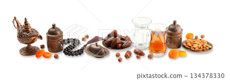 Ramadan treats and decor on display, isolated, PNG Ramadan treats and decor on display, isolated, PNG 134378330
