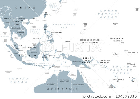 Southeast Asia, Melanesia, and Micronesia, gray political map. Countries south of China and east of India, with subregions of Oceania Micronesia and Melanesia, and northern part of Australasia. Vector 134378339