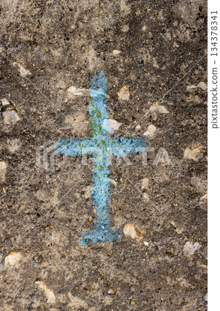 Painted small cross on a wall of a house, Greece Painted small cross on a wall of a house, Greece 134378341