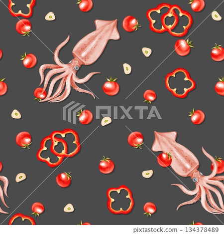Seamless pattern with hand-drawn squid, fresh tomatoes, sliced bell pepper rings, and garlic on a dark gray background. Perfect for restaurant menus, food packaging, kitchen textiles, or recipe Seamless pattern with hand-drawn squid, fresh tomatoes, sliced bell pepper rings, and garlic on a dark gray background. Perfect for restaurant menus, food packaging, kitchen textiles, or recipe 134378489