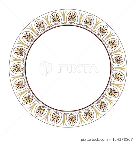 Vector golden seamless classic Greek round ornament. Circle of Ancient Greece and the Roman Empire. Classic Endless pattern frame border Roman Empire. Typical egyptian, assyrian and greek motives 134378567