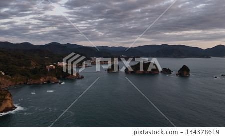 Dogashima at dusk (aerial view) - Nishiizu Town, Kamo District, Shizuoka Prefecture, Japan Dogashima at dusk (aerial view) - Nishiizu Town, Kamo District, Shizuoka Prefecture, Japan 134378619