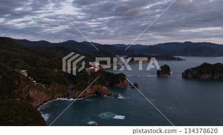 Dogashima at dusk (aerial view) - Nishiizu Town, Kamo District, Shizuoka Prefecture, Japan Dogashima at dusk (aerial view) - Nishiizu Town, Kamo District, Shizuoka Prefecture, Japan 134378620