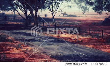 A quiet road meanders through a vast open field adorned with sparse trees. The ground is dry and reddish, bathed in a soft, dreamy light. The atmosphere feels serene and remote. 134378832