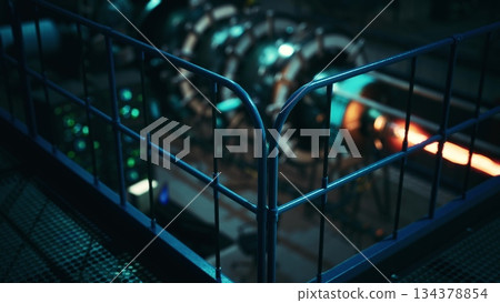 Inside a high tech engine room, machinery glows with intense colors. Intricate designs create a dynamic atmosphere, highlighting energy and innovation in a modern setting. Inside a high tech engine room, machinery glows with intense colors. Intricate designs create a dynamic atmosphere, highlighting energy and innovation in a modern setting. 134378854