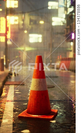 Rain falls steadily on an empty city street, where a bright orange traffic cone stands alone, marking construction. The wet pavement reflects colorful neon lights from nearby buildings. 134378886