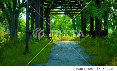 A peaceful pathway invites visitors under a wooden arch adorned with vibrant foliage. Sunlight filters through the leaves, creating a serene atmosphere for reflection and relaxation. A peaceful pathway invites visitors under a wooden arch adorned with vibrant foliage. Sunlight filters through the leaves, creating a serene atmosphere for reflection and relaxation. 134378940