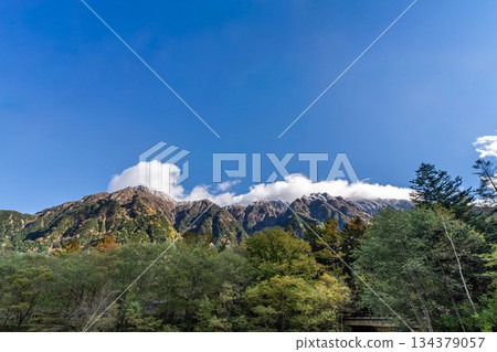 Autumn in Kamikochi: Autumn leaves in the larch forest and the Hotaka mountain range, with the first snow on the mountain 134379057