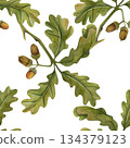 Autumn seamless pattern with acorns on a branch. Watercolor illustrations. Hand-drawn realistic oak tree with brown nuts on a branch. Isolated on a transparent background. For scrapbooking, textiles. 134379123
