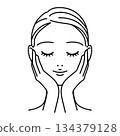 A woman with her eyes closed doing hand press, beauty, skin care, line drawing illustration 134379128