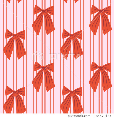 Retro bow stripe seamless square pattern. Coquette Valentine and wedding ribbon for gift wrap, stationery, packaging, girly decor projects. Vector illustration with vertical lines and playful bows. 134379183