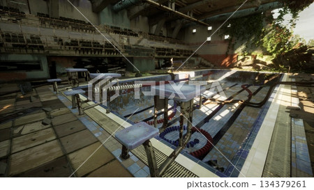Scattered sunlight illuminates an empty swimming pool in a dilapidated gymnasium where nature slowly takes over. Overgrown plants and peeling walls tell a story of neglect and time. 134379261