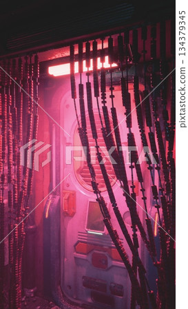 Light filters through dark, textured curtains adorned with intricate patterns. A doorway suggests mystery, inviting exploration in a dimly lit futuristic environment. Light filters through dark, textured curtains adorned with intricate patterns. A doorway suggests mystery, inviting exploration in a dimly lit futuristic environment. 134379345