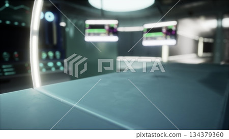 A high tech control room features glowing panels and digital displays. The modern setting suggests a focus on advanced technology and monitoring activities within the space. 134379360