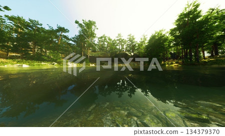 A tranquil lakeside scene showcases clear water mirroring vibrant trees under a bright sky. The peaceful environment invites relaxation and reflection in natures embrace. A tranquil lakeside scene showcases clear water mirroring vibrant trees under a bright sky. The peaceful environment invites relaxation and reflection in natures embrace. 134379370