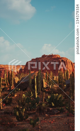 A beautiful desert scene showcases tall cacti and striking rock formations under a bright blue sky. The warm sunlight illuminates the rugged terrain, creating shadows and highlights. A beautiful desert scene showcases tall cacti and striking rock formations under a bright blue sky. The warm sunlight illuminates the rugged terrain, creating shadows and highlights. 134379384