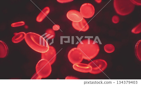 Red blood cells glide through a dark space, glowing softly. Their round shapes and translucent qualities create an interesting visual, showcasing the wonder of human biology. 134379403