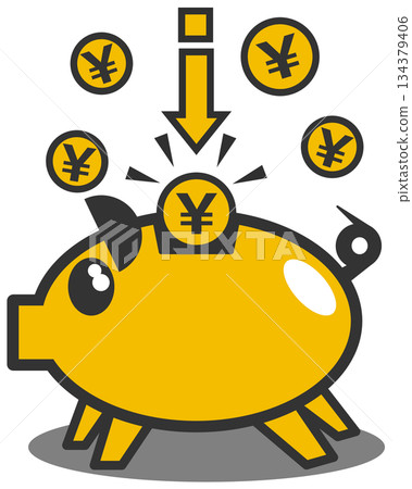 Illustration of putting cash into a cute piggy bank to save money for investment 134379406