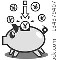 Illustration of putting cash into a cute piggy bank to save money for investment 134379407