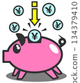 Illustration of putting cash into a cute piggy bank to save money for investment 134379410