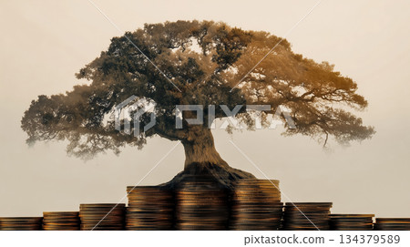 Multiple exposure visual of a tree and coins symbolizing wealth and sustainability 134379589