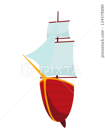 Yachts, sailboat or sailing ship. Cruise travel company icon design. Stylized cartoon pirate ship. Vector old vessels 134379890