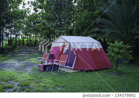 Camping tents in the morning, vintage cabin tents, antique oil lamps, retro chairs, and a group of camping tents with outdoor coffee-making facilities on wooden tables in a forest camping area. Camping tents in the morning, vintage cabin tents, antique oil lamps, retro chairs, and a group of camping tents with outdoor coffee-making facilities on wooden tables in a forest camping area. 134379902